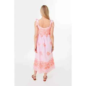 JULIET DUNN Schulterkleid blassrosa und orange Dhaka-Druck metallic Borte - Bild 1 von 12