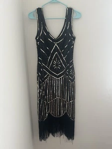 Stunning Gatsby Flapper Cocktail Dress Black And Gold Size Large Side Zip Tassle - Picture 1 of 5