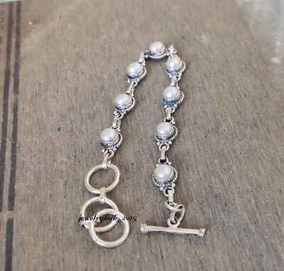 Pearl Bracelet 925 Solid Sterling Silver Round white Gemstone Bracelet SK1304 - Image 1 of 4