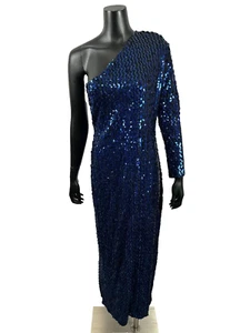 Climax Vintage 90s One Shoulder Long Sleeve Sequins Dress Blue Size 13/14 - Picture 1 of 6