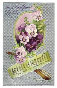 Purple Pansies Ukulele FOND NEW YEAR You'll Remember Me Music Postcard 1909 DB - Picture 1 of 2