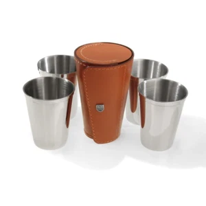 Set of Four 70 ml Stainless Steel Cups in Leather Case by Beier Lederwaren, Germ - Picture 1 of 4