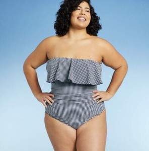 NWT Kona Sol One Piece Swim Suit Ruffle Blue Check Bathing Suit XL 16-18 Gingham