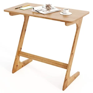 Bamboo Sofa Side Table Z-Shaped Spacious Tabletop Space-Saving TV Snack Tray - Picture 1 of 11