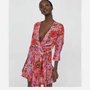 Zara Floral Pink Wrap Belted Dress Size Large - Picture 1 of 10