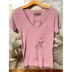 Threads 4 Thought V-Neck Graphic Tee Mauve Pink Boudoir Woman w/ Umbrella Size L - Picture 1 of 18
