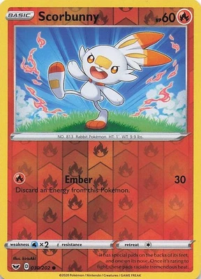 Scorbunny (030) Common Reverse Holo SWSH01: Sword & Shield Base Set 030/202 NM - Image 1 of 2