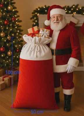 Очень большой красно-белый рождественский мешок Санта-Клауса — праздничная подарочная сумка с шнурком - Изображение 1 из 2