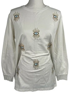 Women’s Evil Eye Detail Long Sleeve Size L-XL White Sweater Sequins - Picture 1 of 14