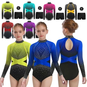 Mädchen Turnanzug Glitzer Gymnastikanzug Langarm Trikot mit Shorts Leotard Set - Picture 1 of 84