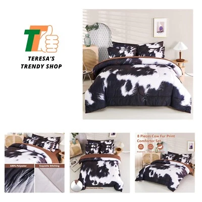 Juego de edredón con estampado de vaca tamaño queen, 8 piezas cama con estampado de piel de vaca en una cama, occidental... Foto 1 de 4