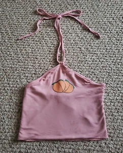 O-Mighty Pink Emoji "Peaches" Cropped Halter Stretch Knit Size S - Picture 1 of 8