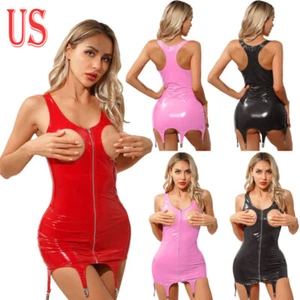 Womens PVC Leather Bodycon Dress Garters Belts Open Breast Cupless Mini Dress - Picture 1 of 39