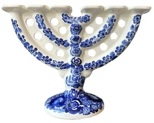 Antico grande candelabro polacco ceramica blu Delft Wloclawek Fajans raro - Foto 1 di 9