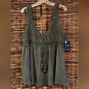 NWT Lucky Brand Tank Top Medium Gray Crochet Babydoll Whimsigoth Festival Boho - Picture 1 of 14