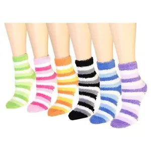 Non Skid 6-12 Pairs Womens Soft Cozy Fuzzy Home Striped Slipper Socks Room Bed - Picture 1 of 5
