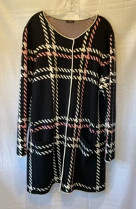 TALBOTS Knit Long Sweater Duster Cardigan Black White & Pink Herringbone/Plaid - Picture 1 of 5