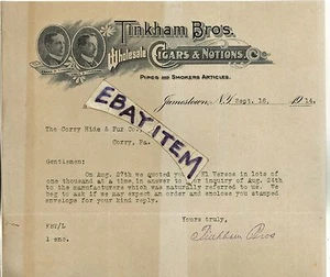 1914 LETTERHEAD Jamestown New York TINKHAM BRO'S. Cigars Tobacco SMOKERS Pipes - Picture 1 of 1