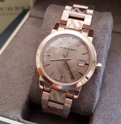 BURBERRY WOMENS WATCH STAINLESS STEEL ROSE GOLD STRAP GOLD DIAL BU9146 GENUINE - Image 1 of 4