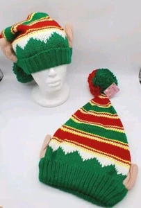 Christmas Elf Ears Knitted Hats for Family Adults Red Green Pom Pom Warm Beanie - Picture 1 of 18