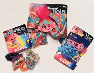 Trolls World Tour Girls (Lot Of 3) Hair Spirals Snap Clips & Bow Clip Poppy NWT - Image 1 of 4