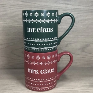 Mr. Claus Mrs. Claus Mug Set Threshold Green Red White Cross Stich Snowflake - Picture 1 of 7