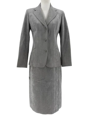 复古 Yves St Simon 灰色麂皮绒裙套装女式 M 码两件套 Jacke — 第 1/4 张图片