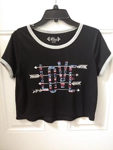 Mudd Girls Short Sleeve Cropped Top Size 14 1/2 Black Screenprint - Picture 1 of 6