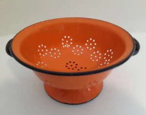 Enamel Steel Orange Colander 8.25" Wide-Vtg - Picture 1 of 12