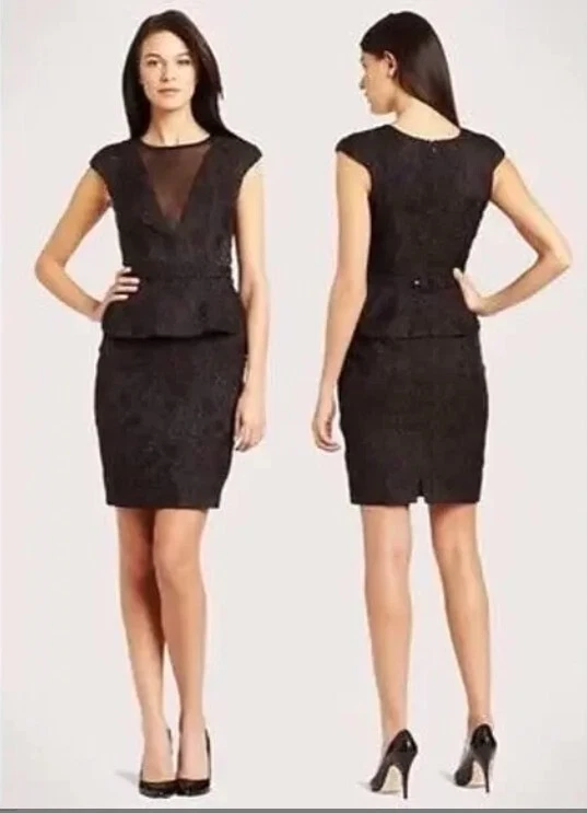 Eva Franco Black Paloma Peplum Cocktail Wiggle Dress Sz 6 Plunging Mesh V-neck - Image 1 of 4