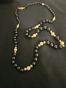 14k Gelbgold schwarzer Onyx Perlen Perlenkette Strang 22" Länge - Bild 1 von 8