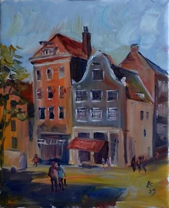 Original Urban Street Scene Painting Colorful Dutch Buildings Cityscape Art - Picture 1 of 9
