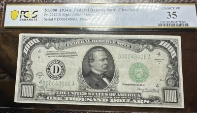 1934 $1000 Federal Reserve Note Cleveland PCGS CHOICE VF 35 - Image 1 of 3