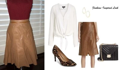 WHBM * FALDA COQUETA DE CUERO * MARRÓN CLARO, POR ENCIMA DE LA RODILLA * TALLA 8 * NUEVA CON ETIQUETAS $99 Foto 1 de 4