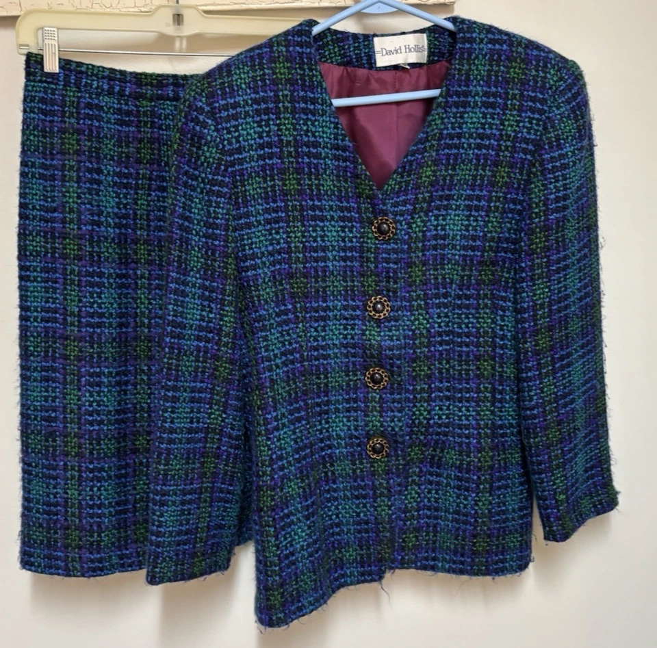 TRAJE DE TWEED VINTAGE DAVID HOLLIS 2 PIEZAS PÚRPURA, AZUL, VERDE FORRADO EE. UU. TALLA 10 Foto 1 de 4