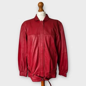 Vintage 80s Leather Jacket Red Wallace Sacks Size 10 Zip Collar Belt Oversized - Picture 1 of 13