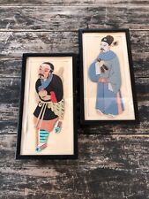 Pair Vintage Mixed Media Chinese Portrait Artworks MCM Chinoiserie in Frames