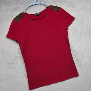 Top Lauren Ralph Lauren Para Mujer S Rojo Gamuza Borde Hombro Boho Western Chic LRL - Imagen 1 de 10