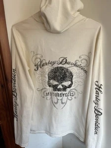 Vintage Y2K Harley Davidson Cream Rhinestone Grunge Scroll Skull Hoodie L/12 - Picture 1 of 6