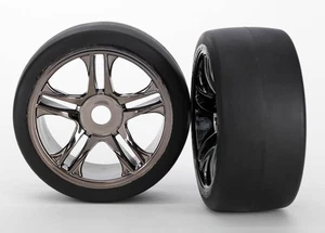 Traxxas Part #6477: Rear Black Chrome Wheels & Belted S1 Slick Tires (2) - Picture 1 of 2