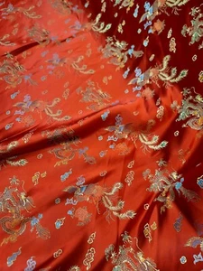 Red Color Brocade Silk Satin Chinese Woven Fabric BY THE YARD Dragon Multicolor  - Picture 1 of 12