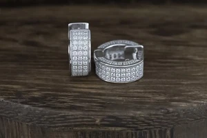 Sterling Silver 925 HUGGIE Iced CZ Men Women HOOP EARRINGS White Gold Plated - Picture 1 of 6