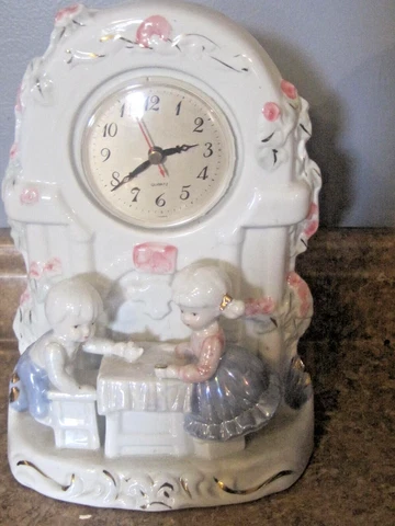Vintage boy and girl  ceramic  quartz clock hand painted/works  tea time Cover