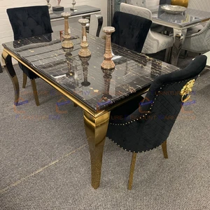FurnitureDW Gold 1.5m Dining Table Black & Gold Marble Top and 6 Chairs Bentley
