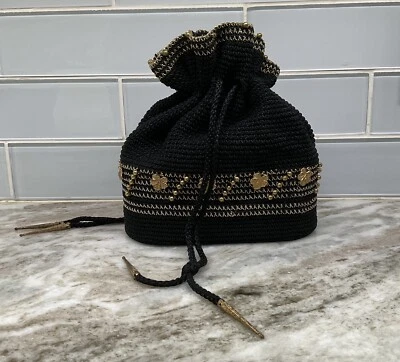 Vintage 40s-50’s Black Beaded Crochet Corde Drawstring Purse - Image 1 of 4