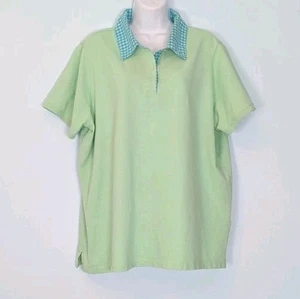 Lands End Mesh Polo Shirt Women's 2X Short Sleeve Lt Green Check Collar *Stains - Picture 1 of 14