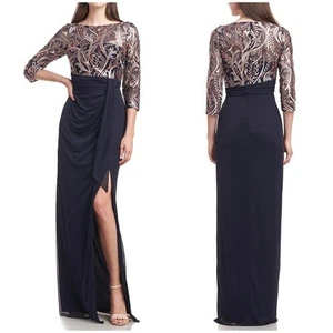 NWT JS Collections Carrie Bateau Gown Navy Blue Embroidered Sequin Sz 10 - Picture 1 of 12