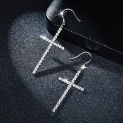 D VVS1 Moissanite Cross Drop Earrings 925 Sterling Silver 18K White Gold Plated - Image 1 of 4