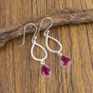Pear Pink Tourmaline Stone 925 Sterling Silver Mother Artisan Wedding Earrings - Picture 1 of 5