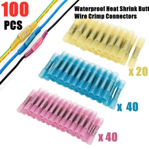 100Pcs Waterproof Insulated Terminals Heat Shrink Butt Wire Crimp Connectors Kit - Picture 1 of 6